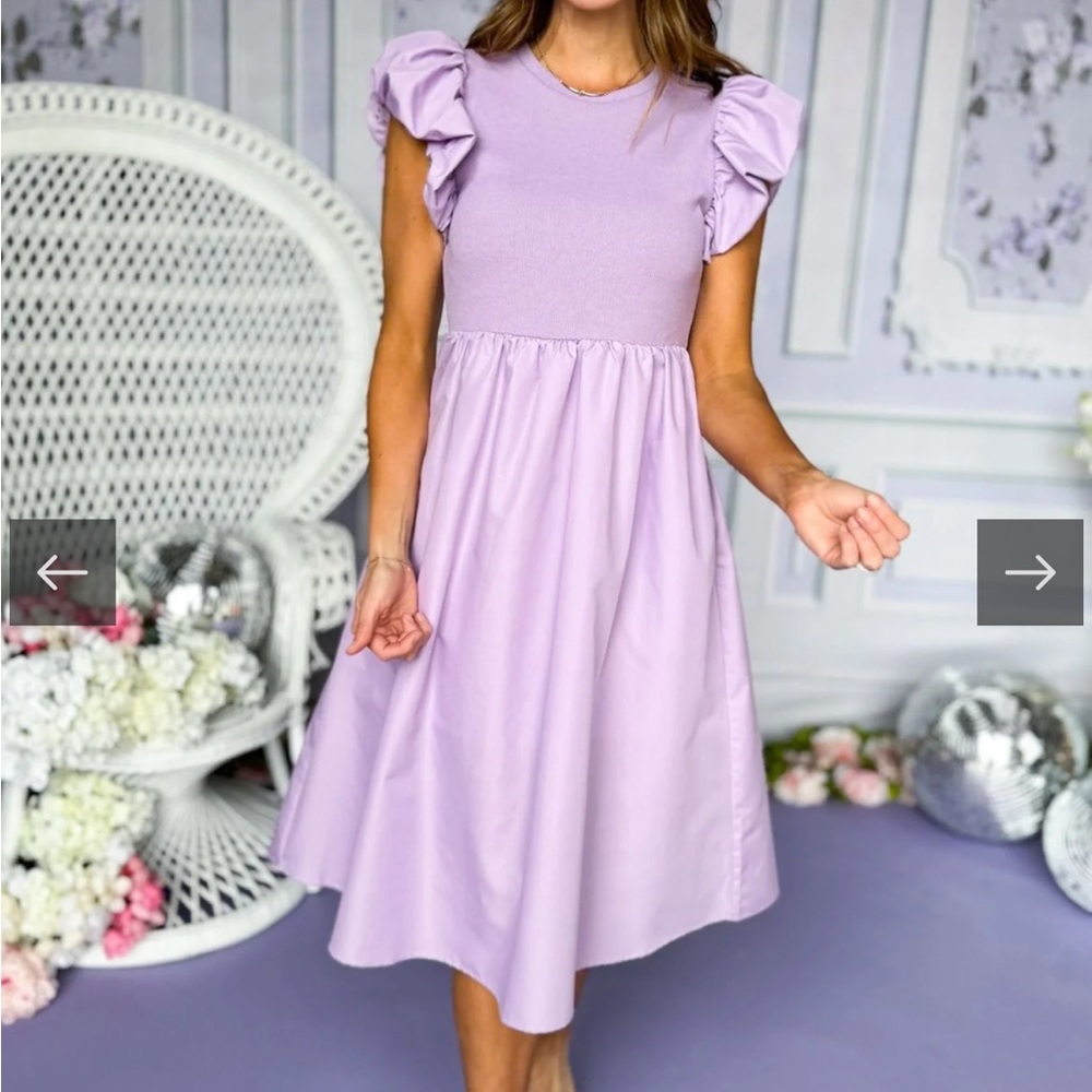 Lilac Dropped Waist Ruffle Shoulder Midi Dress